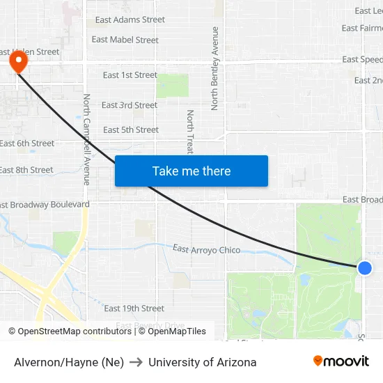 Alvernon/Hayne (Ne) to University of Arizona map