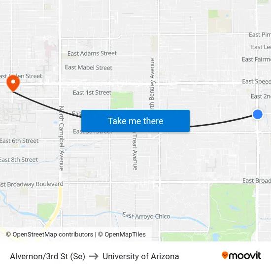 Alvernon/3rd St (Se) to University of Arizona map