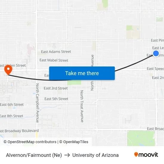 Alvernon/Fairmount (Ne) to University of Arizona map