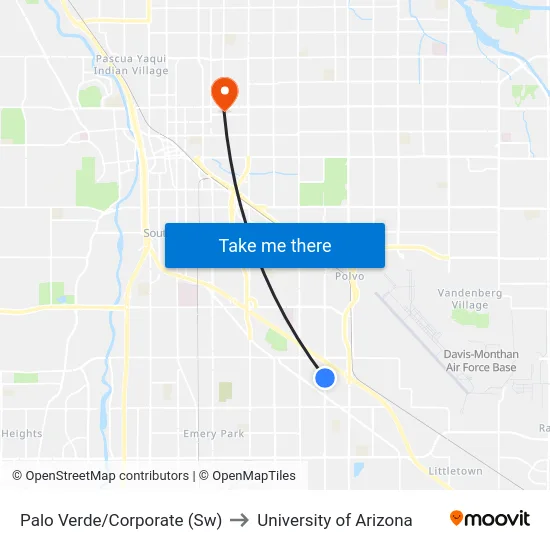 Palo Verde/Corporate (Sw) to University of Arizona map