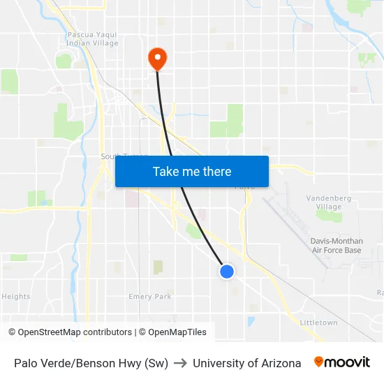 Palo Verde/Benson Hwy (Sw) to University of Arizona map