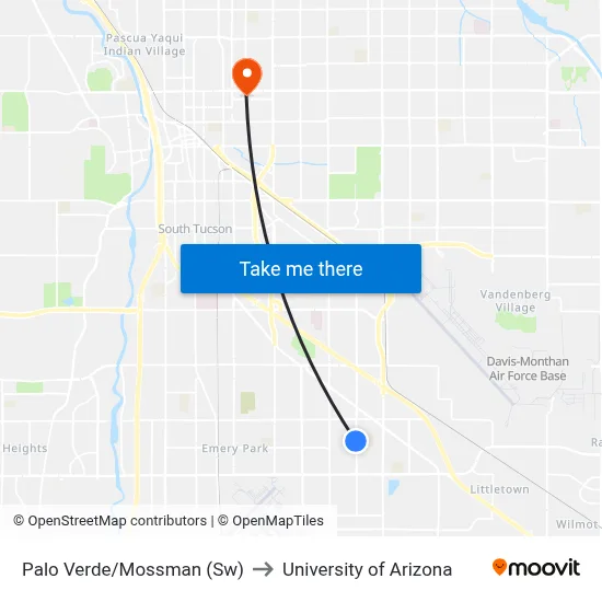 Palo Verde/Mossman (Sw) to University of Arizona map