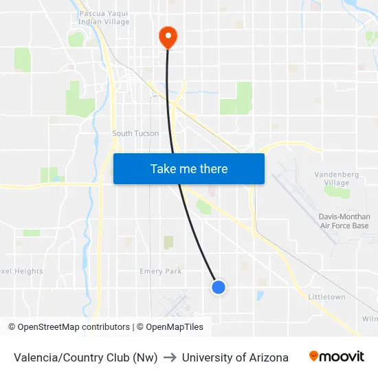Valencia/Country Club (Nw) to University of Arizona map