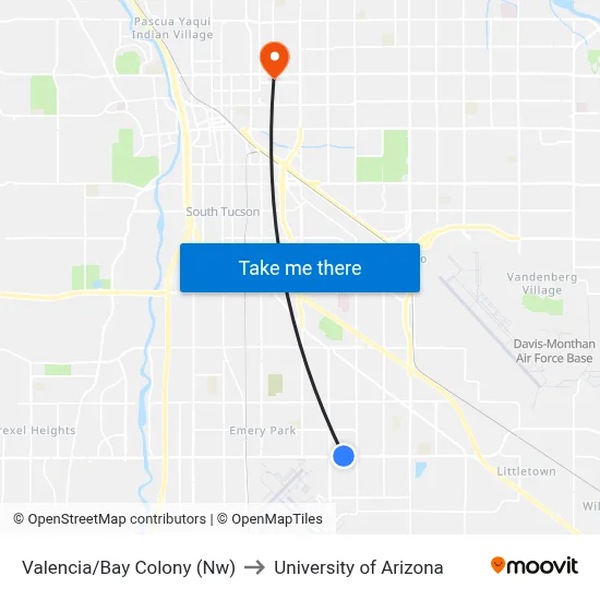 Valencia/Bay Colony (Nw) to University of Arizona map