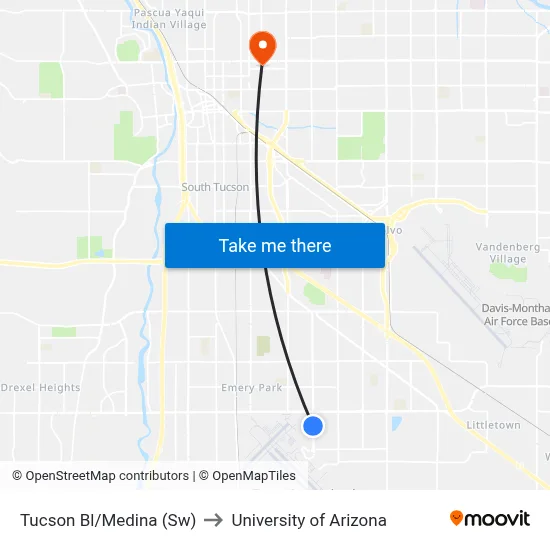 Tucson Bl/Medina (Sw) to University of Arizona map