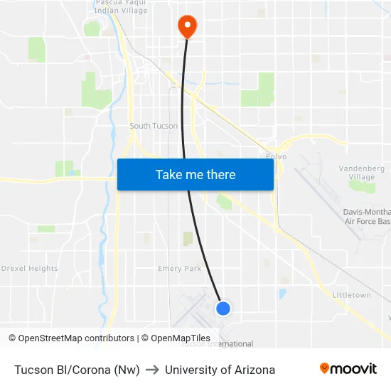 Tucson Bl/Corona (Nw) to University of Arizona map
