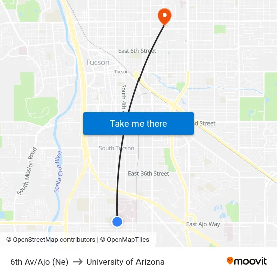 6th Av/Ajo (Ne) to University of Arizona map