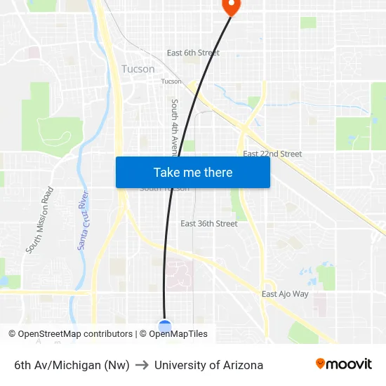6th Av/Michigan (Nw) to University of Arizona map