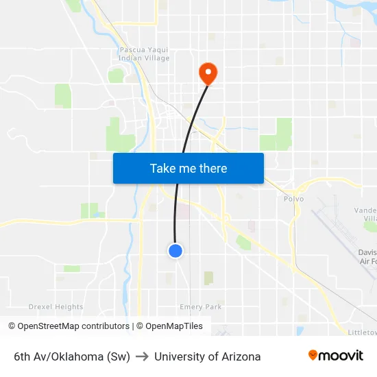 6th Av/Oklahoma (Sw) to University of Arizona map