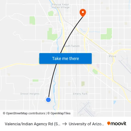 Valencia/Indian Agency Rd (Se) to University of Arizona map