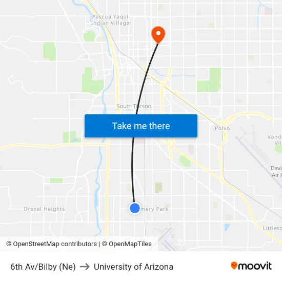 6th Av/Bilby (Ne) to University of Arizona map