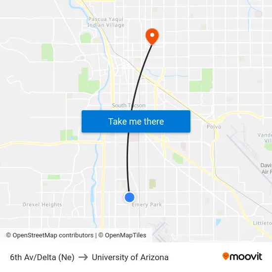 6th Av/Delta (Ne) to University of Arizona map