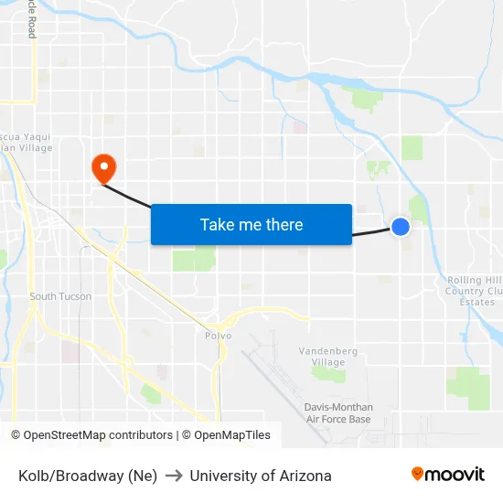 Kolb/Broadway (Ne) to University of Arizona map