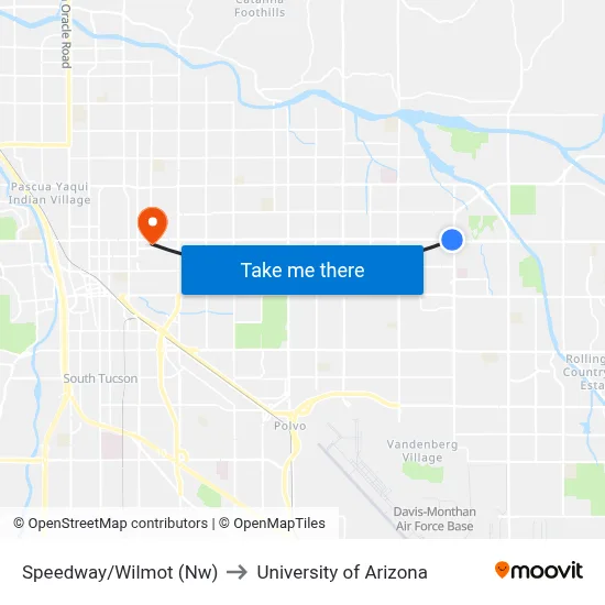 Speedway/Wilmot (Nw) to University of Arizona map