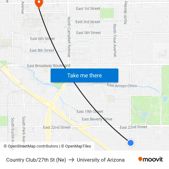 Country Club/27th St (Ne) to University of Arizona map