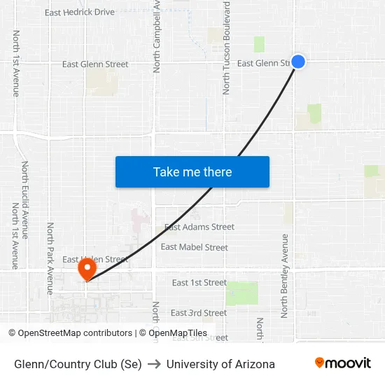 Glenn/Country Club (Se) to University of Arizona map
