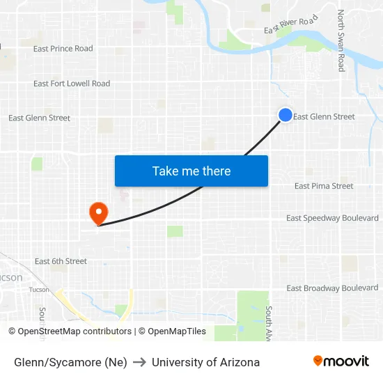 Glenn/Sycamore (Ne) to University of Arizona map
