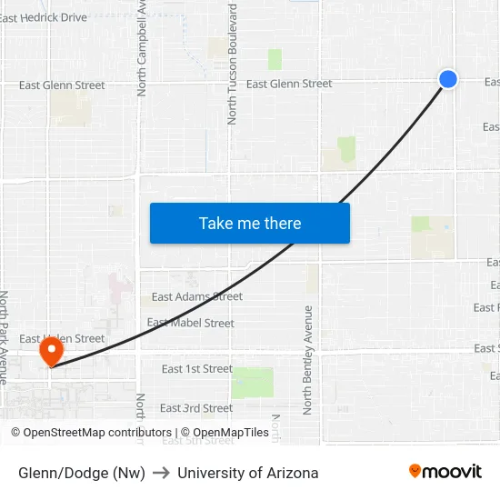 Glenn/Dodge (Nw) to University of Arizona map