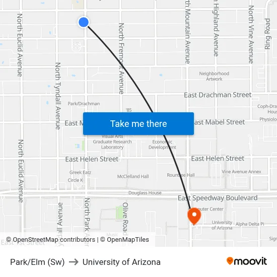 Park/Elm (Sw) to University of Arizona map