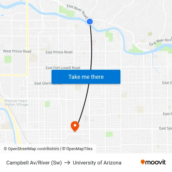 Campbell Av/River (Sw) to University of Arizona map