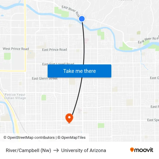 River/Campbell (Nw) to University of Arizona map