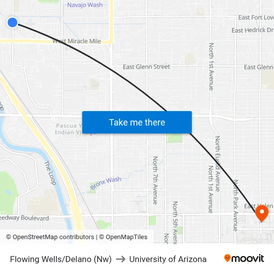 Flowing Wells/Delano (Nw) to University of Arizona map