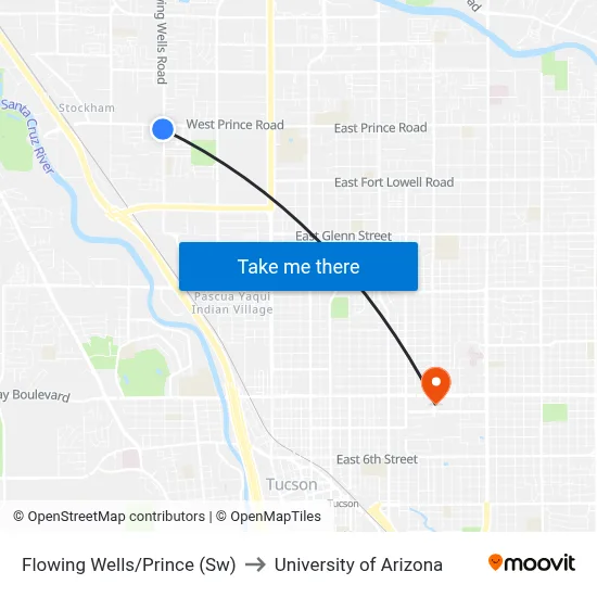 Flowing Wells/Prince (Sw) to University of Arizona map