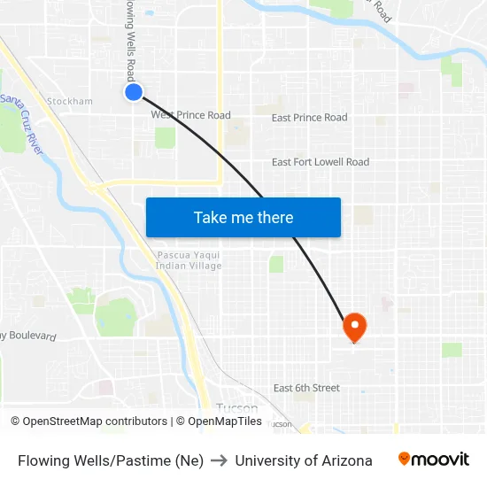 Flowing Wells/Pastime (Ne) to University of Arizona map