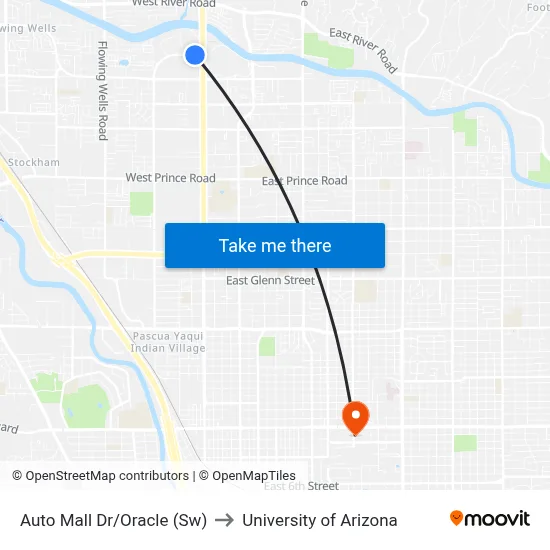 Auto Mall Dr/Oracle (Sw) to University of Arizona map