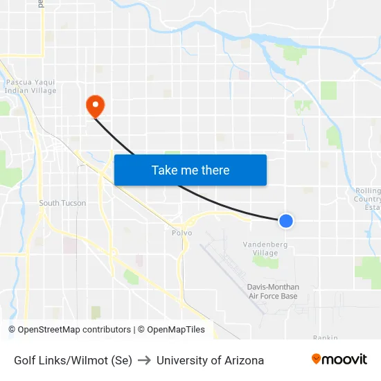 Golf Links/Wilmot (Se) to University of Arizona map