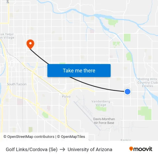 Golf Links/Cordova (Se) to University of Arizona map