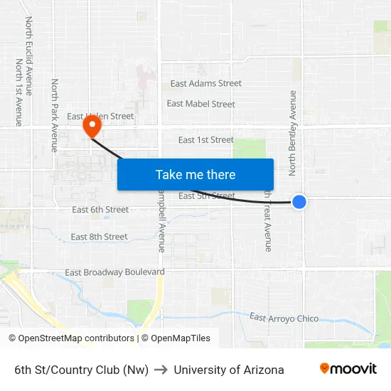 6th St/Country Club (Nw) to University of Arizona map