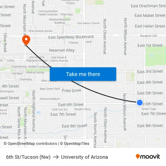 6th St/Tucson (Nw) to University of Arizona map