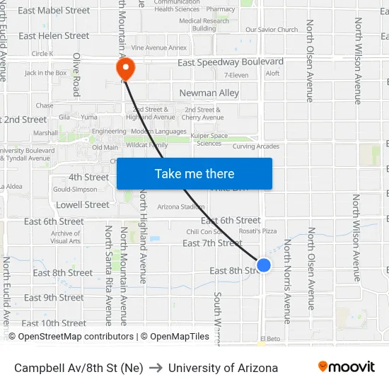 Campbell Av/8th St (Ne) to University of Arizona map