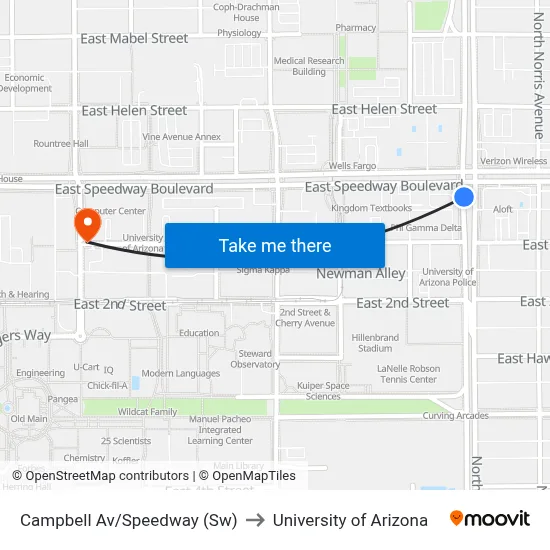 Campbell Av/Speedway (Sw) to University of Arizona map