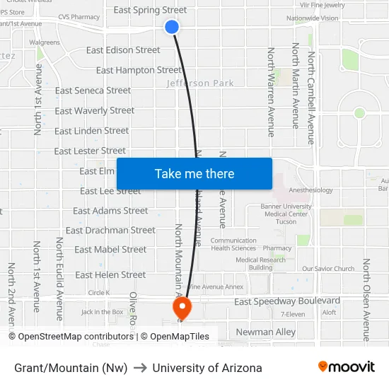 Grant/Mountain (Nw) to University of Arizona map