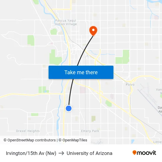 Irvington/15th Av (Nw) to University of Arizona map
