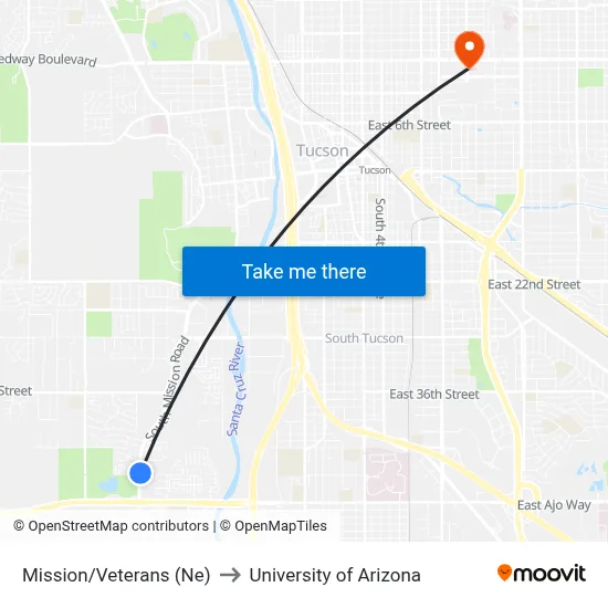 Mission/Veterans (Ne) to University of Arizona map