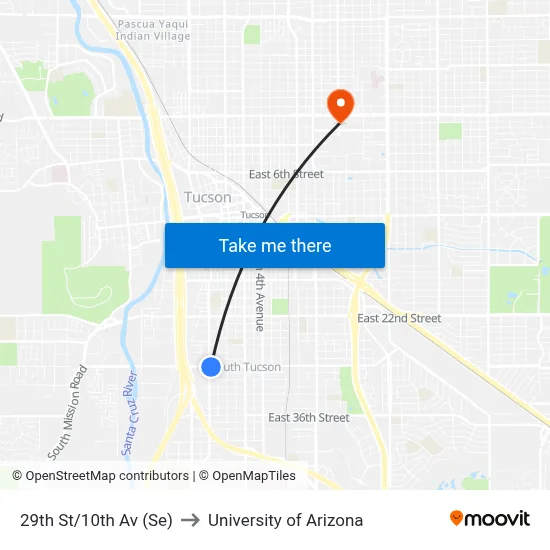 29th St/10th Av (Se) to University of Arizona map