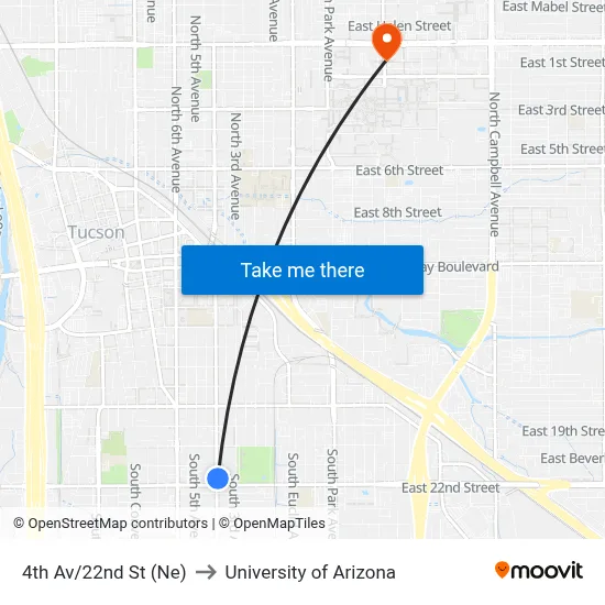 4th Av/22nd St (Ne) to University of Arizona map