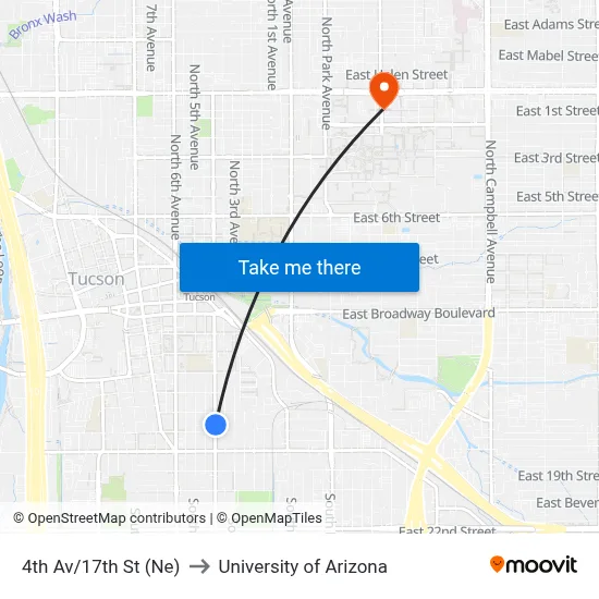 4th Av/17th St (Ne) to University of Arizona map