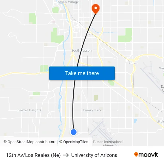 12th Av/Los Reales (Ne) to University of Arizona map