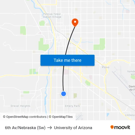 6th Av/Nebraska (Sw) to University of Arizona map
