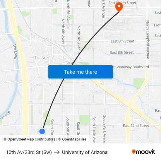 10th Av/23rd St (Sw) to University of Arizona map