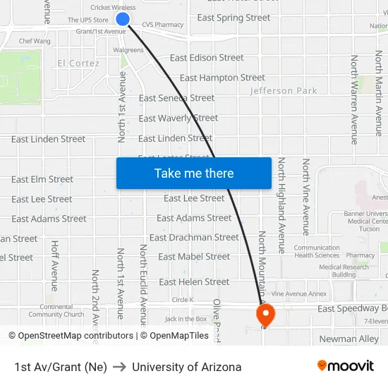 1st Av/Grant (Ne) to University of Arizona map
