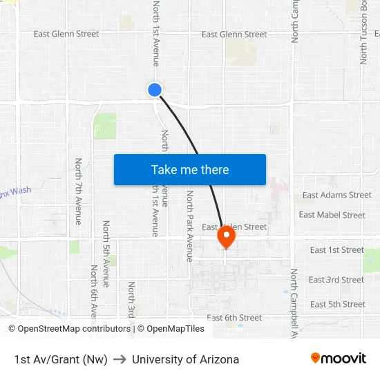 1st Av/Grant (Nw) to University of Arizona map