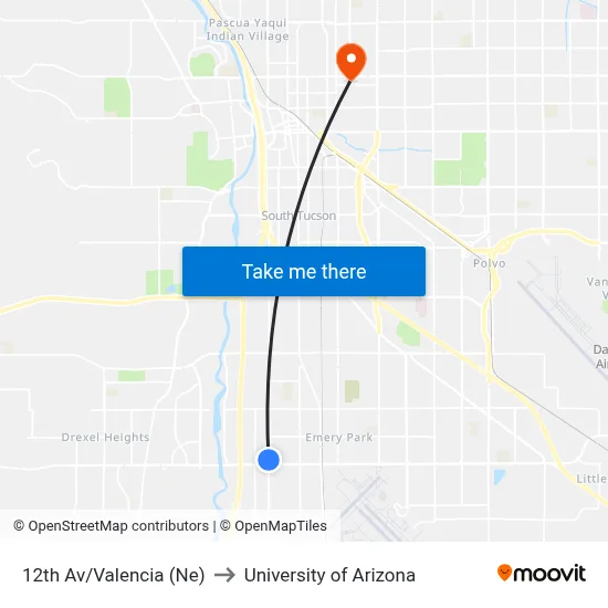 12th Av/Valencia (Ne) to University of Arizona map