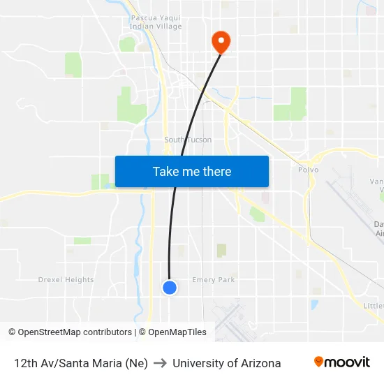 12th Av/Santa Maria (Ne) to University of Arizona map