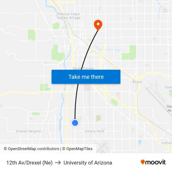 12th Av/Drexel (Ne) to University of Arizona map
