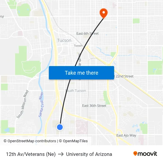 12th Av/Veterans (Ne) to University of Arizona map